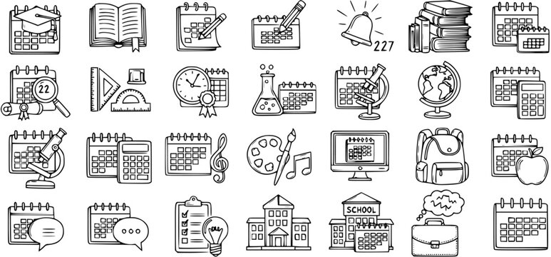 Black  White Line Art Education Icons Set: Hand-drawn School, Learning  Academic Doodle Symbols Collection