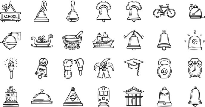 Black  White Hand-drawn Outline Icons Collection: Bells, School, Travel, Sports, and Everyday Objects Doodle Art Set