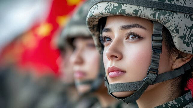 Close-up of a woman soldier in military uniform and helmet