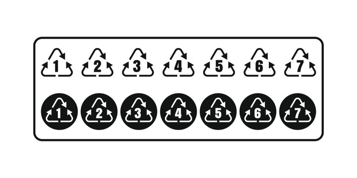 Set of seven plastic resin identification codes with recycling arrows and numbers one through seven