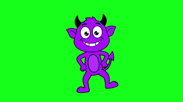 A cheerful 2D purple devil character with horns and a tail, dancing and waving happily against a green screen background for chroma key compositing.