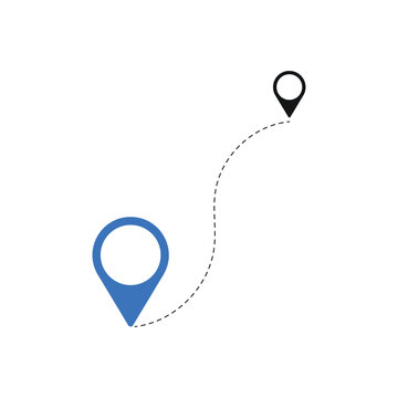 Two location pins connected by a dashed line representing a travel route or destination path