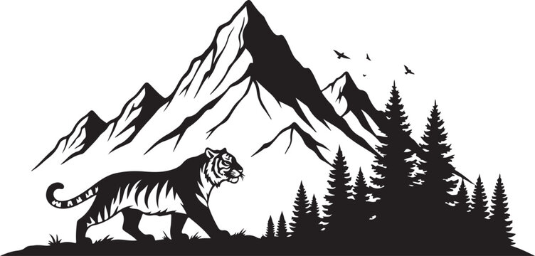 Black tiger silhouette, mountain landscape, pine trees, wildlife vector icon