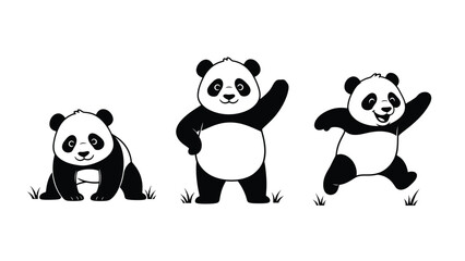 Naklejka premium Cute Cartoon Pandas Posing: Sitting, Waving, and Jumping. Adorable Black and White Panda Characters in Playful Actions.