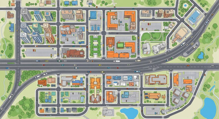 Fototapeta premium Aerial View of a Modern City Plan with Buildings and Roads.