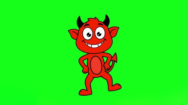 A playful 2D animated red devil mascot with horns and a tail performing a funny dance. Isolated on a chroma key green screen for easy integration into cartoons, halloween content, and gaming videos.