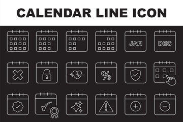 Fototapeta premium Calendar icons set in outline style with various symbols for scheduling, events, and planning, including clock, search, checkmark, bell, information