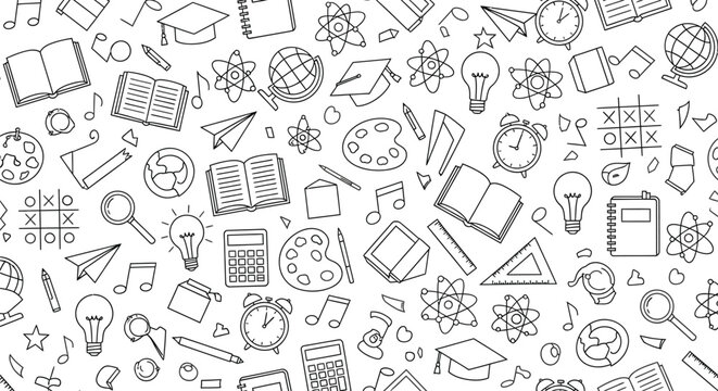 Seamless vector graphic illustration pattern featuring a diverse array of educational and creative school supplies for learning