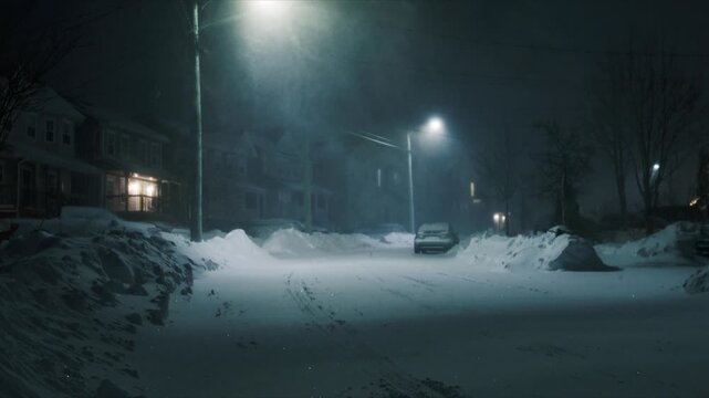 street-level night shot of a heavy snowstorm in Beechville,Halifax area. Strong winds pile snow into deep drifts blocking roads and sidewalks, faint glow of streetlights in Canadian winter blizzard
