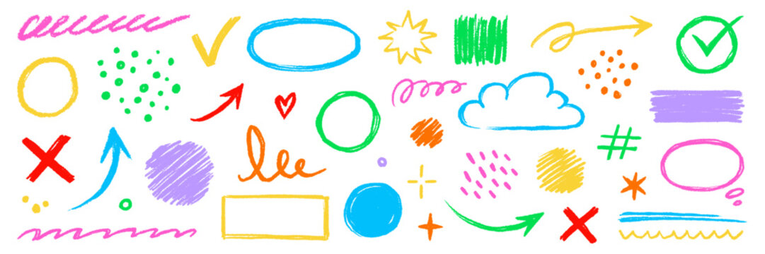 Underline, arrow shape color crayon pencil element set. Scribble pastel texture brush stroke kid square, spiral, arrow hand drawn sketch design. Crayon pencil color doodle shapes. Vector illustration