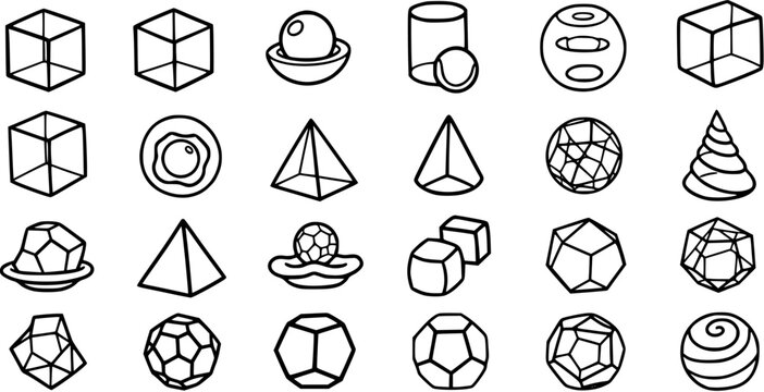 Black and White Line Art Geometric Shapes Icons Set Vector Illustration