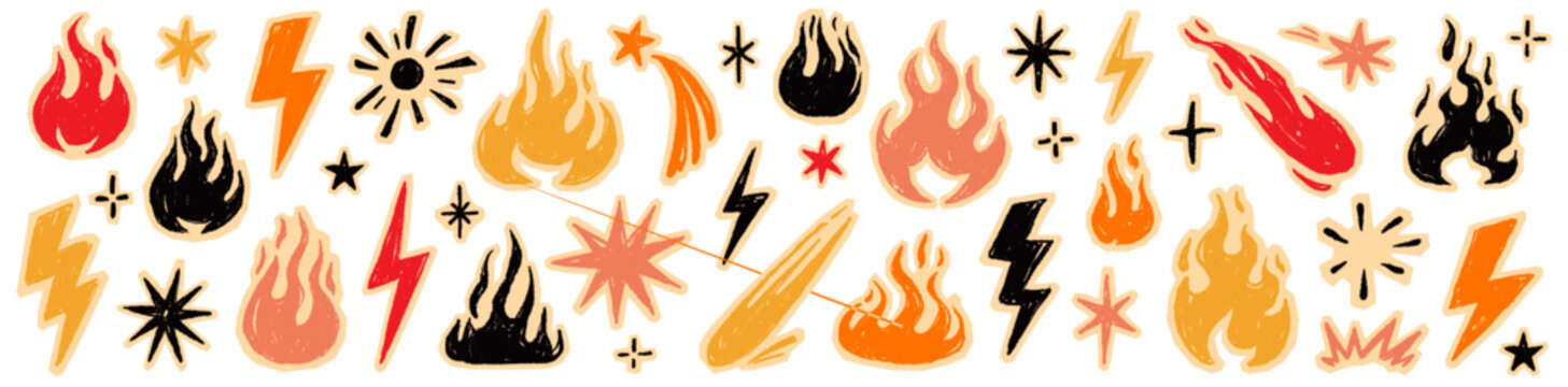 Fire flame icon doodle collage set. Hand drawn flame fire brush scribble grunge chalk texture shape graphic. Punk lightning bolt explosion energy blast sticker rock power burst. Vector illustration
