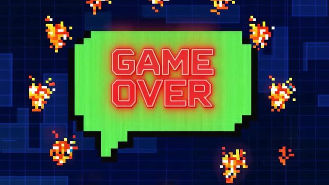 A pixelated "GAME OVER" message in a green speech bubble surrounded by retro arcade game sprites on a grid background.