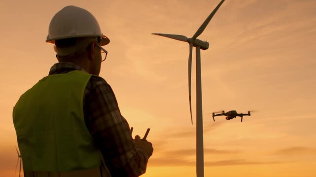 Professional male engineer in uniform and hard hat launches a drone using a controller while inspecting a wind turbine at the wind farm during beautiful sunset. Golden evening light, renewable energy