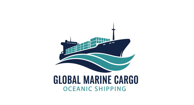 Global Marine Cargo Oceanic Shipping Logo with Container Ship and Waves.