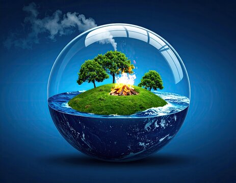 Conceptual Glass Sphere with Tiny Island Green Trees Fire and Ocean Waves Representing Global Ecosystem on Blue Background