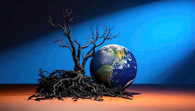 Conceptual Image of Dry Dead Tree with Planet Earth Representing Global Warming Climate Change, Environmental Crisis