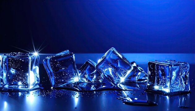 Glowing Ice Cubes with Water Drops on Dark Blue Background with Cinematic Lighting and Sparkling Reflections