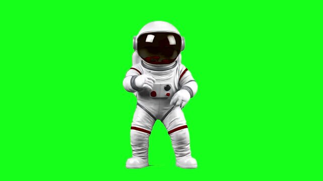 A cheerful 3D astronaut in a white space suit performing a joyful rhythmic dance. Isolated on a green screen background for easy chroma keying in sci-fi, space exploration, or educational projects.