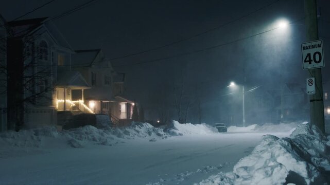 Powerful blizzard night Beechville near Halifax. Strong winds drive thick snow across residential street, creating massive snowdrifts that bury roads and sidewalks, dim streetlights glow through storm