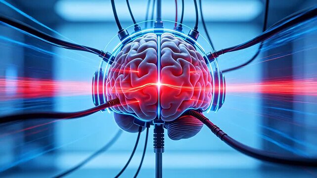 Human brain model with glowing wires and red blue lights in a technology laboratory scene