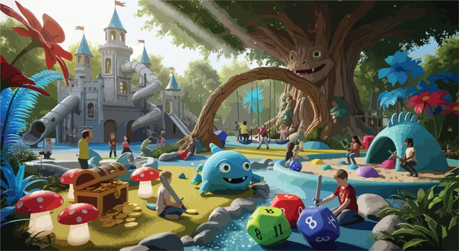Whimsical fantasy playground vector illustration, magical outdoor park with castle slides and giant dice, children playing in a fairytale forest