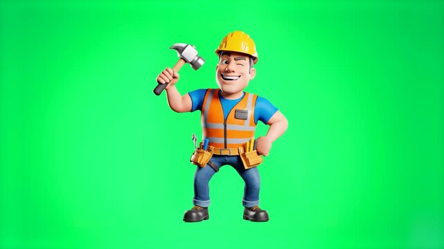 An energetic 3D animated builder or construction worker mascot wearing a yellow hardhat and safety vest winks while dancing with a heavy hammer. A high-quality pre-keyed moving asset perfect for indus