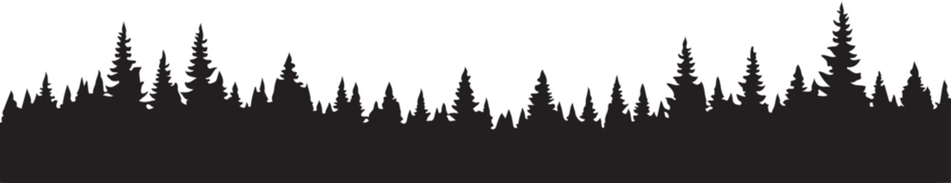 Black forest silhouette, pine tree landscape, vector border, nature scene, dark trees