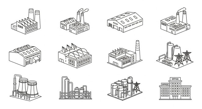 Collection of Industrial Factory Building Illustrations in Sketch Style.