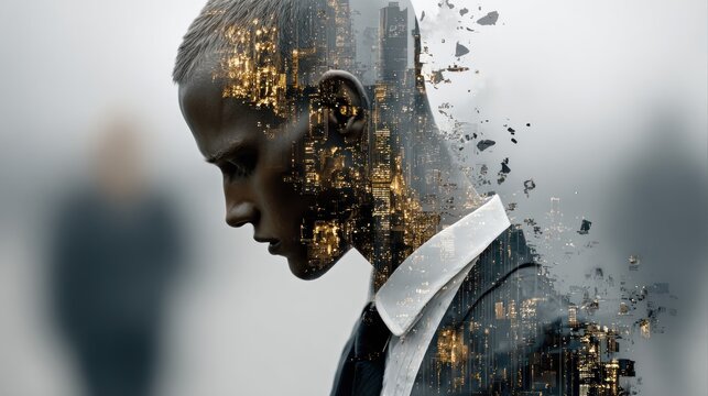 Double exposure portrait of a man dissolving into a city skyline at night symbolizing urban life