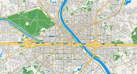 Fototapeta premium Aerial view of a city map with a river and roads.
