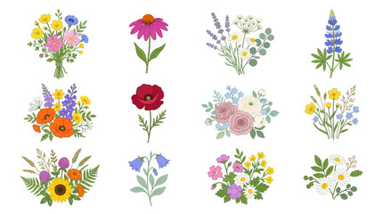 Obraz premium Vibrant Watercolor Floral Arrangements and Bouquets in Pastel Colors on White Background for Spring and Summer Decor, Greeting Cards, and Artistic Projects