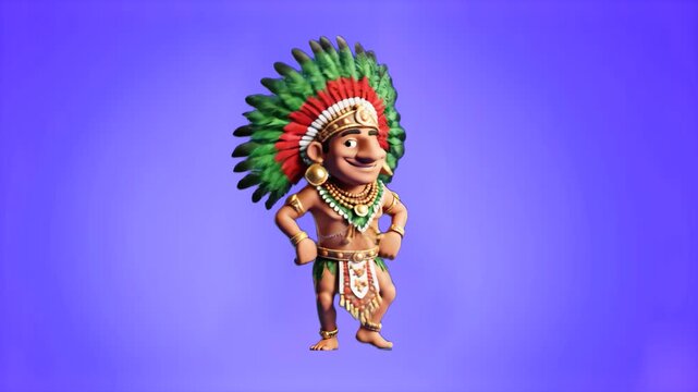 A detailed 3D animation of a tribal character wearing a traditional feathered headdress performing a celebratory dance. Set against a purple background, this asset features high-quality textures and l