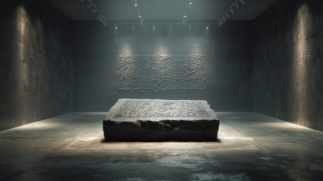 Stone artifact with engraved Arabic calligraphy inside a dimly lit exhibition hall.