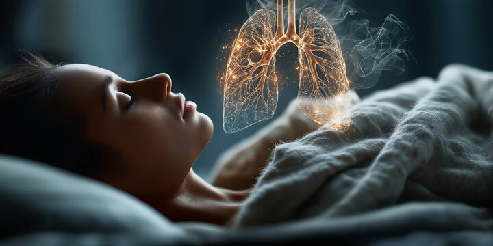 Serene woman under glowing lung projection engaging in calming breath exercises at night