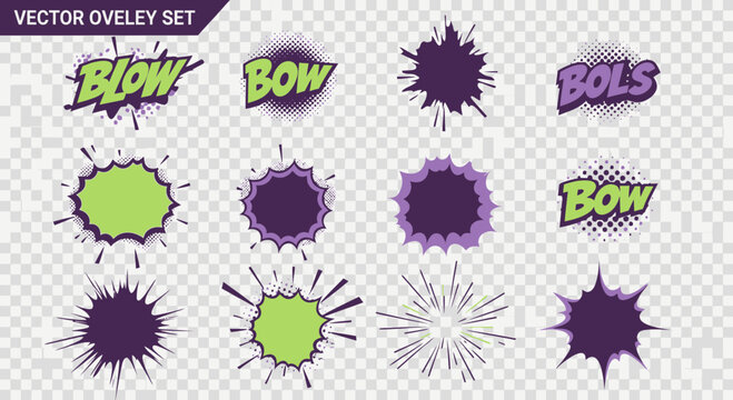 Comic book vector overlays set with explosion effects and text elements