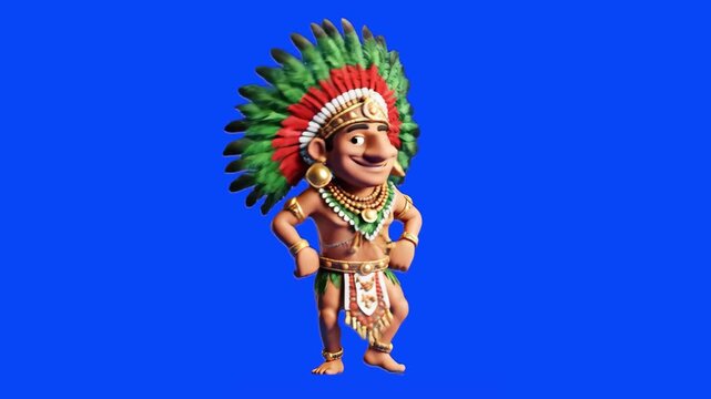 A cheerful 3D representation of the Aztec emperor Montezuma in a traditional feathered headdress, dancing and smiling. Isolated on a blue screen for chroma key compositing.