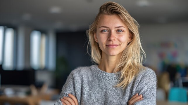 East European Woman in Modern Coworking Space Lifestyle Portrait