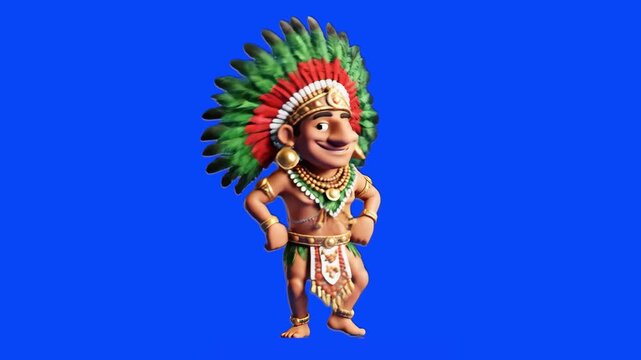 A cheerful 3D representation of the Aztec emperor Montezuma in a traditional feathered headdress, dancing and smiling. Isolated on a blue screen for chroma key compositing.