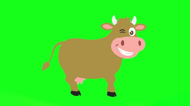 A 2D animated light brown or tan cow character with a happy expression and a wink. This flat-style vector mascot is isolated on a chroma key green screen, ideal for agricultural branding or educationa