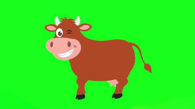 A happy 2D brown cow character winking and performing a joyful dance. Isolated on a green screen for chroma key use in cartoons, educational videos, or farming projects.