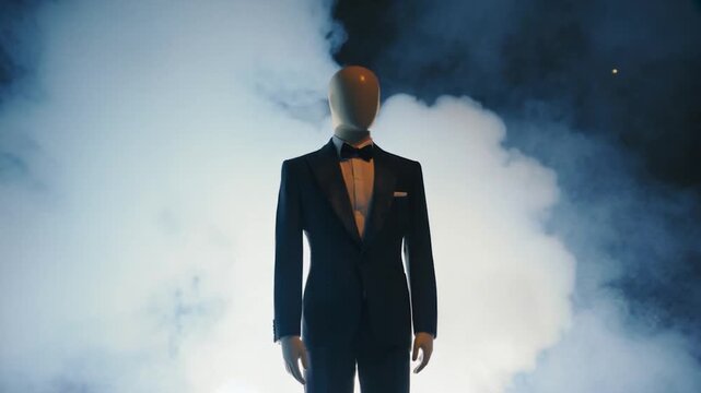 Mannequin in a tuxedo standing in a smoky, atmospheric environment, dramatic lighting, formal wear concept