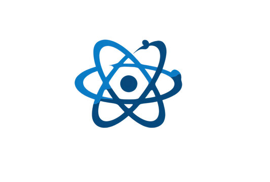 Simple vector logo of atom with two orbiting electron orbits in blue color