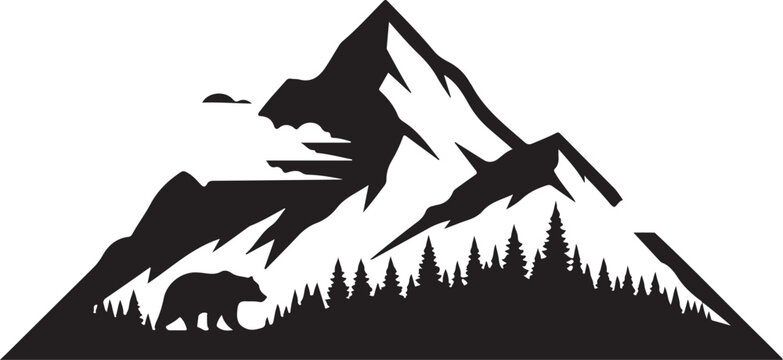 Black mountain bear silhouette, snowy peak landscape, forest wildlife icon, vector graphic