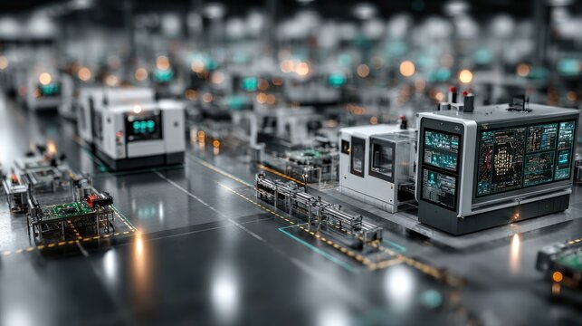 Advanced automated factory production line with futuristic technology and digital interfaces on