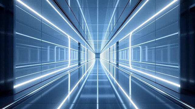 Futuristic corridor with reflective floor and linear light lines extending to the horizon