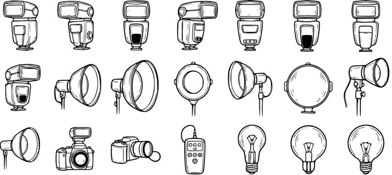 Black and White Line Art Illustration of Photography Studio Equipment: Flashes, Softboxes, Ring Light, Camera, Remote, Lightbulbs