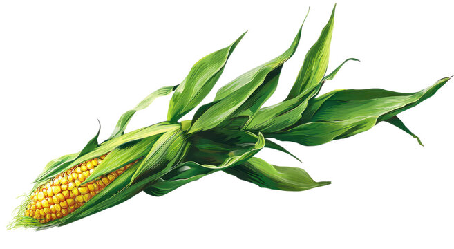 Single ear of corn with green husk and yellow kernels