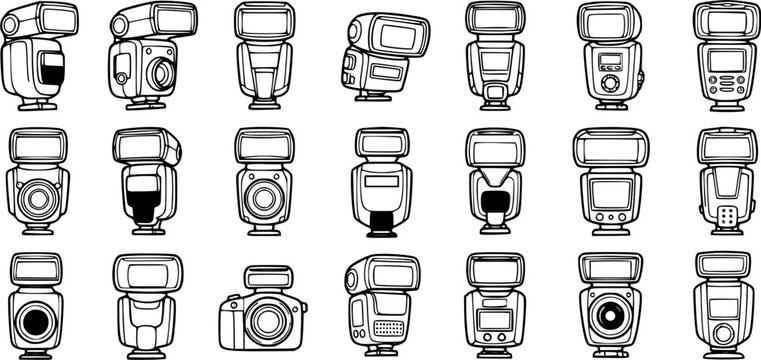 Black and White Line Art Collection of Camera Flashes and Strobes, Technology Vector Icons