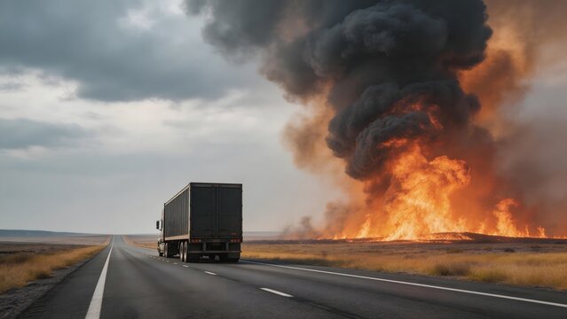 Truck on road near large fire